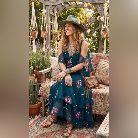 Dresses & Skirts - celia birtwell for Express Teal Floral Tiered Maxi Dress 100% silk lining Sz 6